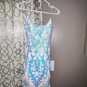 B Darlin Blue and White Sequin Mini Dress